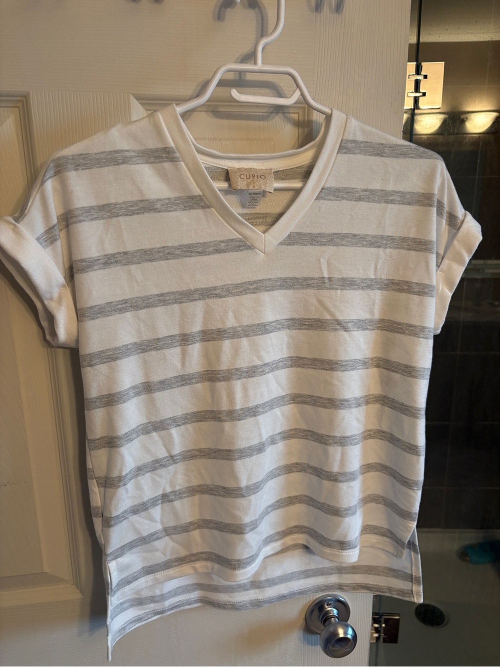 Cupio White and Light Gray Striped V-Neck Tee